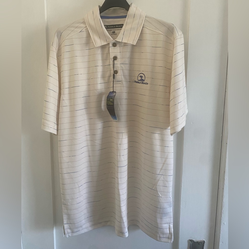 NWT Men’s Official Pebble Beach Golf Polo Shirt White Blue Beige Stripes DryLuxe